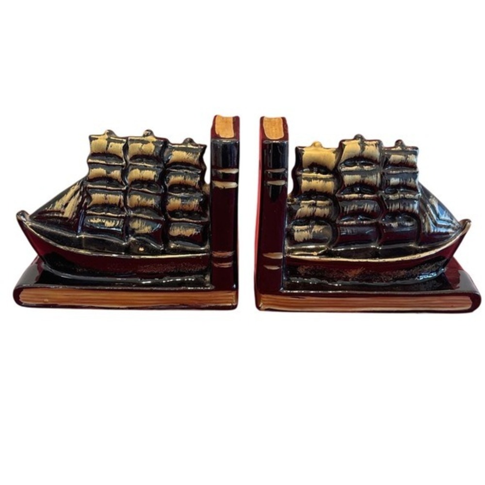 Vintage Ceramic Sailing Ship Bookends Black Gold Nautical Galleon Japan Pair
